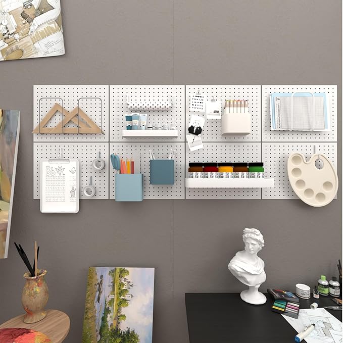 Peg Board,4 Pack Metal Peg Board Panels,White PegBoard Wall Organizer,16"x12" Small Tool Pegboard for Walls,Tools,Garage,Office,Kitchen