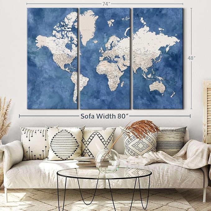 ElephantStock Detailed World Map With Cities I Wall Art - Horizontal Canvas - 3-Piece Living Room Decor - Watercolor Map Canvas Print - Beige and Blue Wall Decor by Blursbyai - 74" X 48"