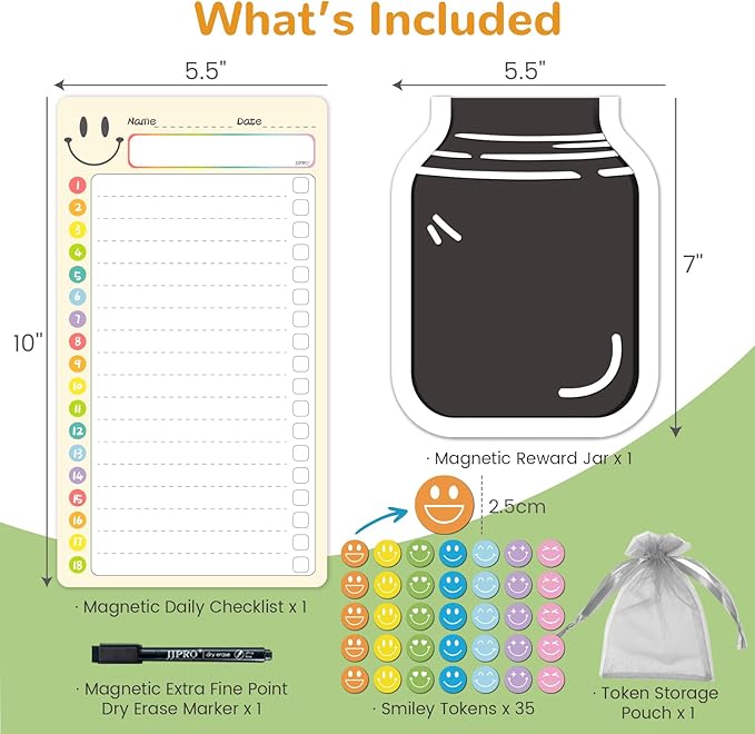 JJPRO Magnetic Daily Checklist for Kids with Smiley Faces Reward Jar- 10" x5.5“ Dry Erase List Board for Toddlers,Home Chore Chart for Fridge,Magnetic Reward Jar Positive Behavior Training -Yellow