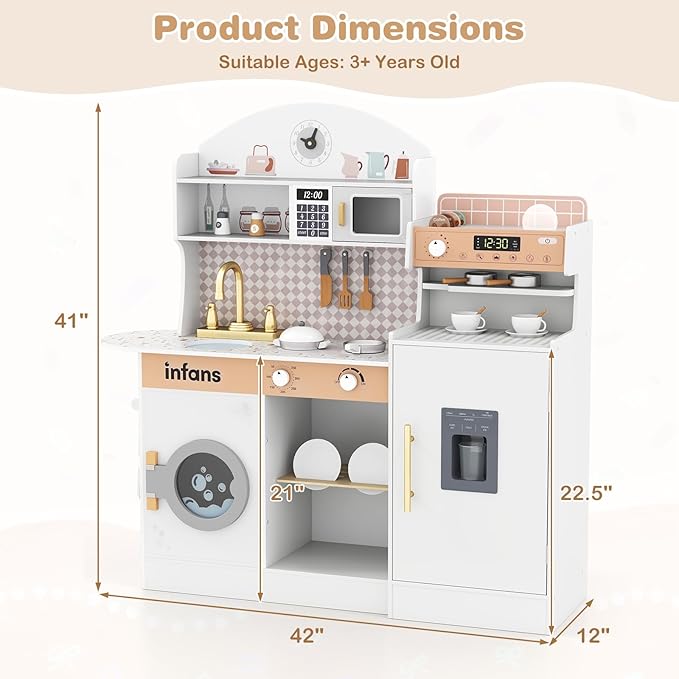 INFANS Kids Kitchen Playset, Toddler Wooden Kitchen Pretend Cooking Toy Set with Coffee Maker Ice Machine Dishwasher Microwave Storage Cabinet, Simulation Play Kitchen for Boys Girls 3+ (White)