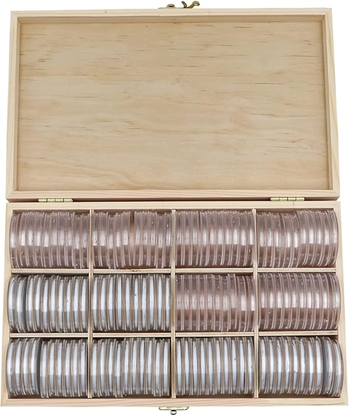 20-46 mm Wooden Coin Holder, 120 Pcs Highly Transparent Coin Capsules with Foam Gasket, Coins Collector Case Holder, Professional Coin Storage Case Box for Coin Collection (Wood Color)