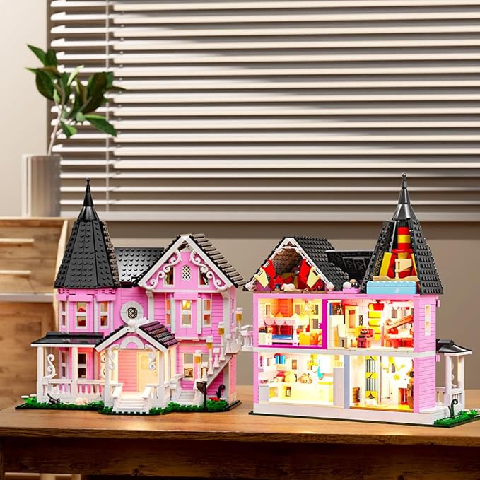 Pink Palace House Building Set with Lights, Halloween Haunted House Blocks Toy, Halloween House Kit for Kids Adults,Christmas for Girls and Boys, Aged 8+ (1349PCS)