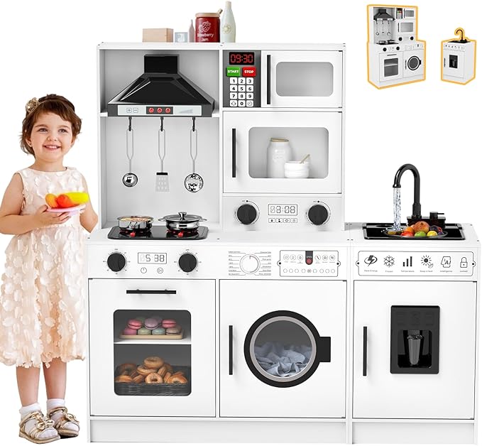 JOYLDIAS Kids Play Kitchen Set, Wooden Free Combination & Movable Pretend Toddler Kitchen Toy w/Real Sound and Light, Running Water, Oven, Washing Machine and Cookware Accessories for Age 3+ Toddlers