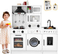 JOYLDIAS Kids Play Kitchen Set, Wooden Free Combination & Movable Pretend Toddler Kitchen Toy w/Real Sound and Light, Running Water, Oven, Washing Machine and Cookware Accessories for Age 3+ Toddlers
