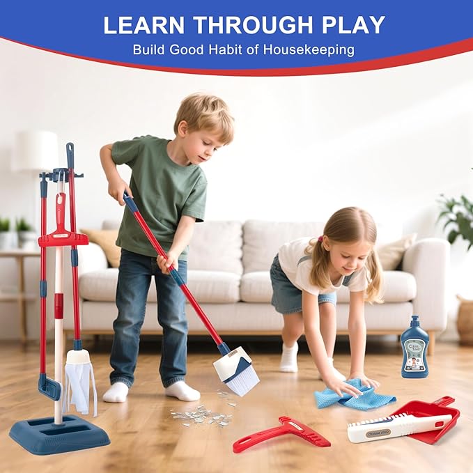Jenilily Toddler Toys Cleaning Set, Kids Cleaning Toy Stand Set, Pretend Play Home Cleaning Tools Toys Playset，Broom, Dustpan, Mop, Duster