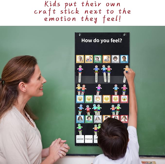 Boczif Emotions Feelings Pocket for Classroom Chart with 24 Cards for Preschool Teacher, Daycare Decor, Social Emotional Learning Activities, Calm Down Corner Supplies (Black)