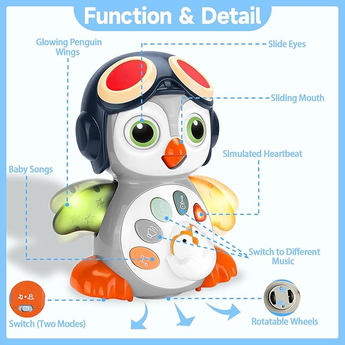 Crawling Musical Penguin Baby Toys with Music, Infant Tummy Time Toys for Babies 0 3 6 9 12-18 36 Months Newborn Devolopment Toddler Boy Girl Age 1 2 3 Year Old Christmas 1st Birthday Gifts