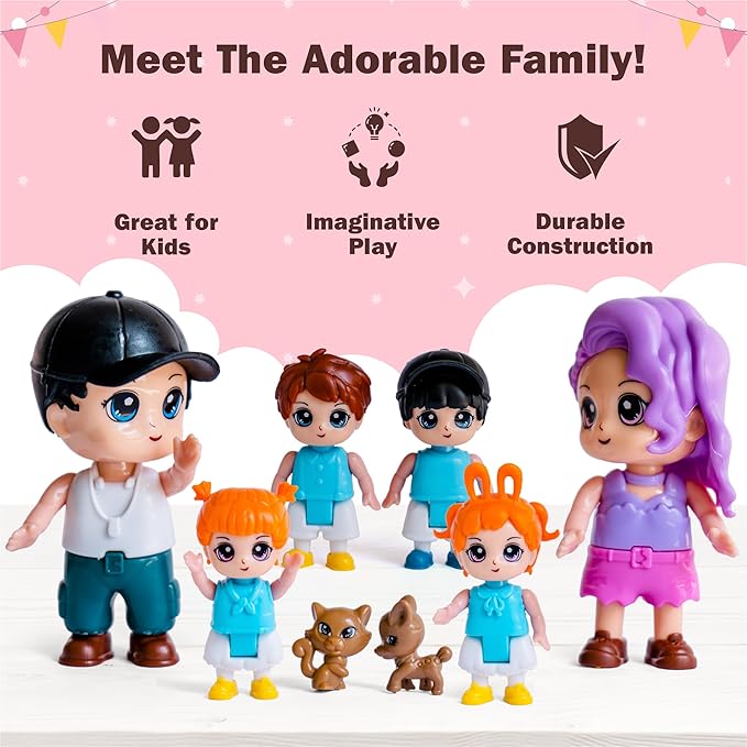 Dollhouse People, 8 Family People Figures and Pets Playset - Bendable Little People Figures - Perfect Figurines for Imaginative Fun and Dollhouse Play - Play Doll House Accessories Toys