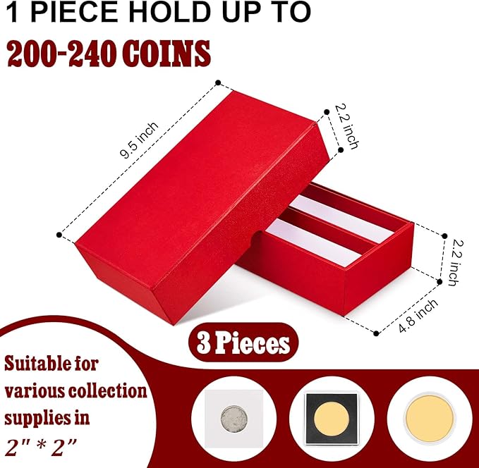 Henoyso 3 Pcs Double Row Coin Box Holders for Collectors Storage Supplies Collecting Coin Cases, 9 x 2 x 2 Inch About Half Box Cases (Red)