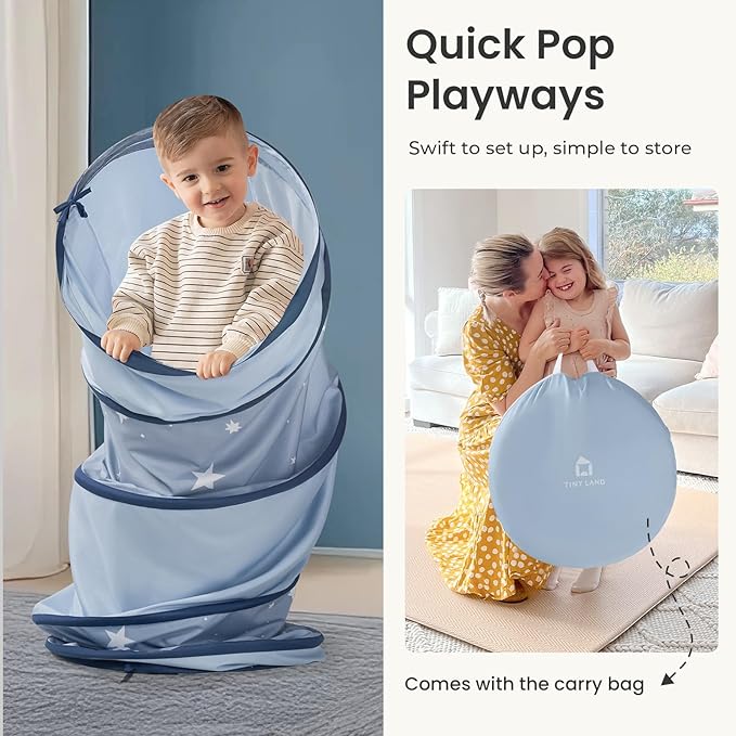 Tiny Land Kids Play Tunnel Tent for Toddlers, 69" x 18" Foldable Crawl Toys for Baby, Indoor & Outdoor Pop Up Dog Tunnel with Breathable Mesh (Blue)
