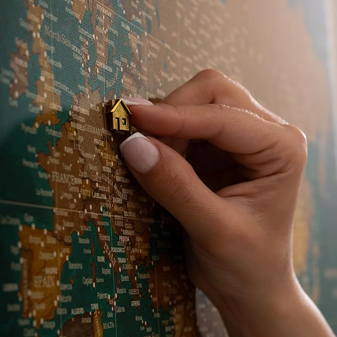 Canvas World Map with Cork Pin Board - English Lettering - Decorative Wall Decoration for All Rooms - Canvas Pictures with World Map Motif (70x50 cm, Pattern 4)