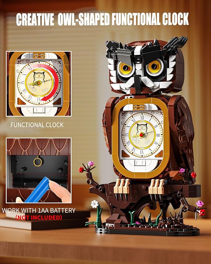Owl Clock Building Blocks Set, STEM Building Toys with Functional Clock, Collectible Bird Display Model for Home Decor, Creative Gift for Adults & Boys 8-14 (964Pcs)