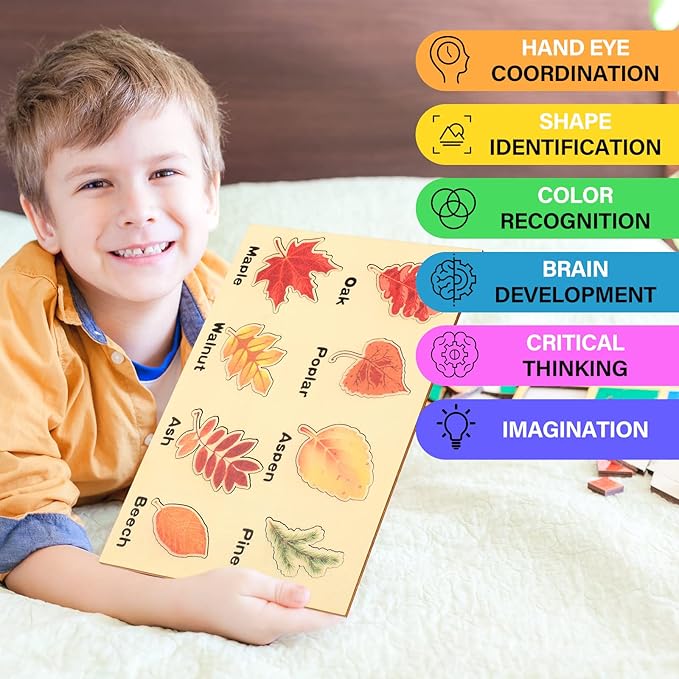 Kathfly 2 Pieces Leaf Wooden Jigsaw Puzzles Leaf Puzzle Montessori Toy Early Educational Learning for Birthday Gift Early Education School(Cute)