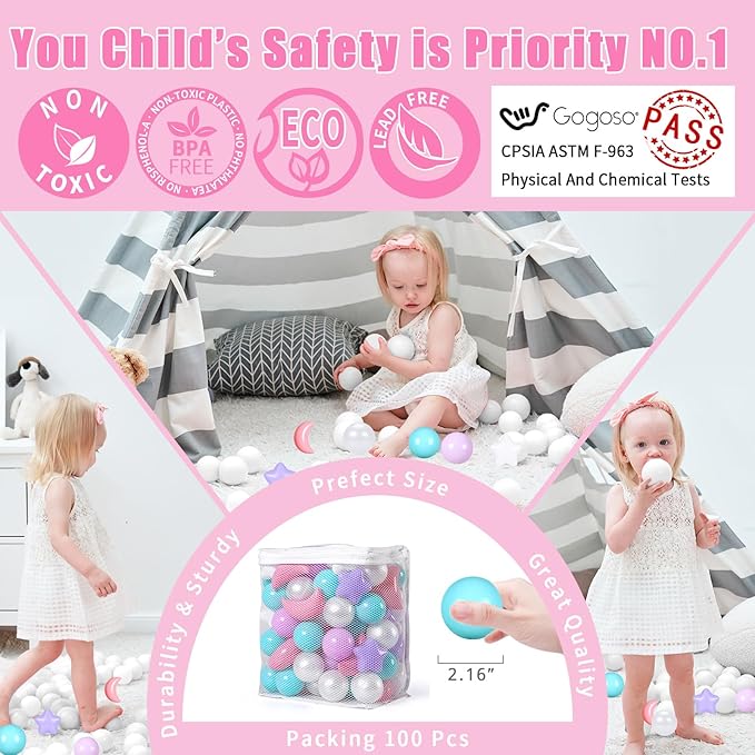 GOGOSO Ball Pit Balls Stars Moon Shapes Plastic Pitballs for Toddler Play Tent Baby Photo Props Kids Pool Water Toys Kiddie Pool Party Decor,Pink+Green+Purple+Pearl White,100PCS