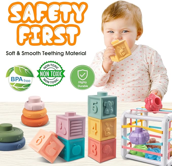 4-in-1 Baby Toys for 6-12 Months, Montessori Soft Stacking Blocks for Babies, Infants Teething Toys, Sensory Balls and Educational Learning Set for Toddlers (Boys & Girls)