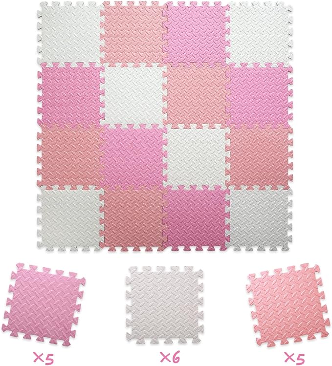16 Tiles Foam Play Mat for Baby, Soft & Safe EVA Foam Mats for Floor, Square Baby Play Mat, Solid Colored Kids Foam Puzzle Floor Mat, 47x47 Play Mat for Playpen(White/Pink/Loli Pink)