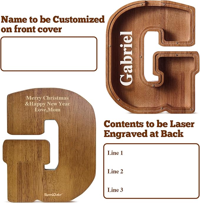 Summidate Customized Name Extra Large Wooden Piggy Bank for Kids Boys Girls Alphabets Letter A-Z Coins Bills Money Change Saving Box Clear Cover (Laser Engraved) Educational Toys 12"- Letter G