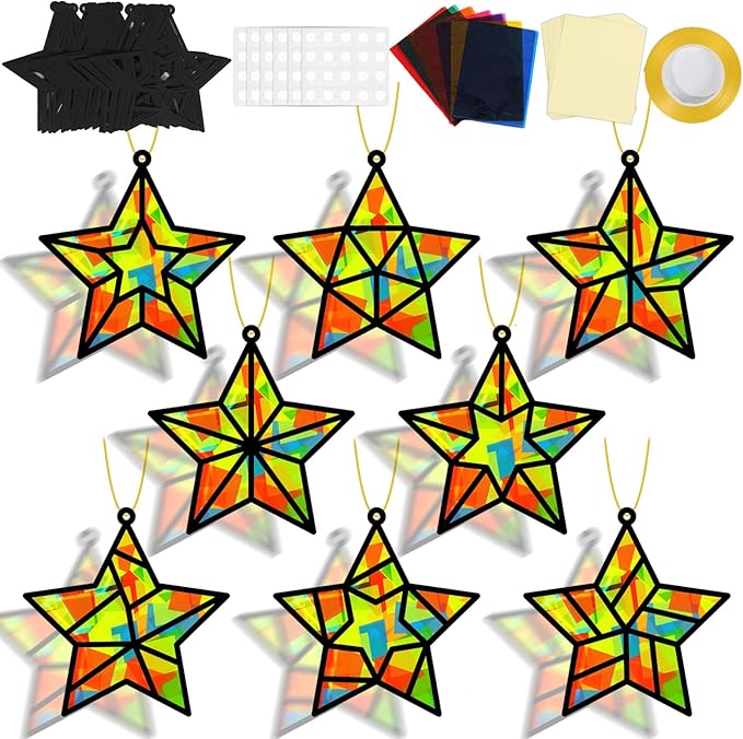 QOUBAI 32 Sets Back to School Stars Suncatchers Craft DIY Window Stained Glass Effect Patriotic 4th of July Paper Craft Home School Classroom Decor Kid Birthday Gift Creative Art Project Activity Game