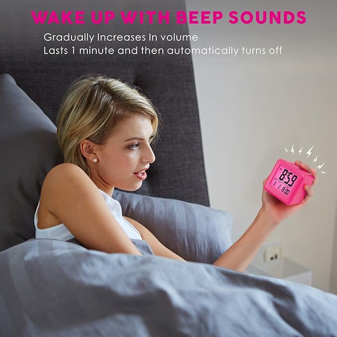 Plumeet Digital Kids Alarm Clock with Snooze and Nightlight - Easy Setting Silicone Clock Display Time, Date - Loud for Bedroom - Battery Powered (Pink)