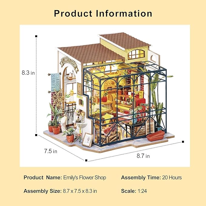 Rolife DIY Miniature House Kit Flower Shop, Tiny House Kit for Adults to Build, Mini House Making Kit with Furniture, Halloween/Christmas Decorations/Gifts for Family and Friends(Emily's Flower Shop)
