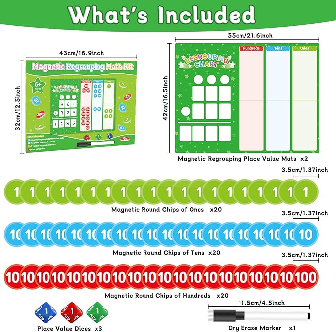Magnetic Regrouping Math Base Ten Place Value, 2025 New Upgraded Addition & Subtraction Math Manipulatives Dry Erase Whiteboard for Kids 1st 2nd 3rd Grade, Math Games Homeschool Classroom Must Haves