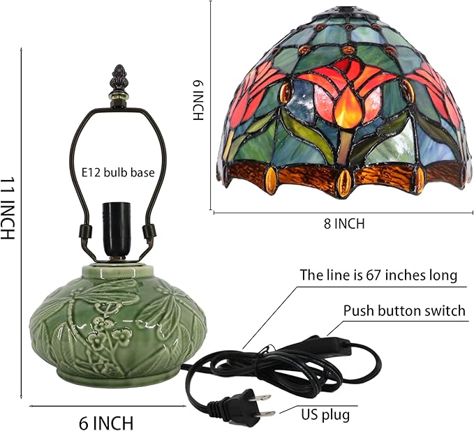 Small Tiffany Lamp Mushroom Table Lamp, Mini Stained Glass Desk Light Memory Sympathy Ceramic lamp 8X11 Inch (Tulip Style)