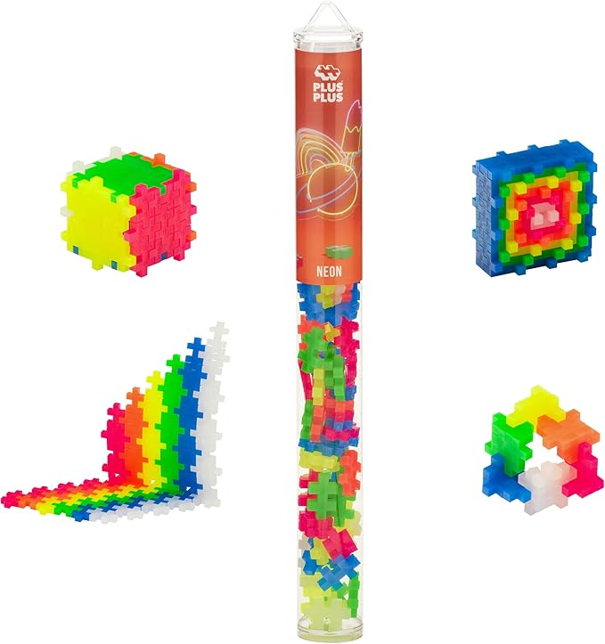 Plus Plus 70 Piece Interlocking Building Blocks for Kids, Open Ended Connecting Toys, Stem Bin Classroom Mini Manipulatives - Neon Mix Play Tube