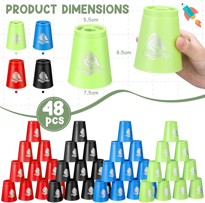 Libima 48 Pcs Sports Stacking Cups Set Classic Stacking Games Speed Training Game for Boy Girl Adult Family Party Challenge Competition Travel Gift, 4 Colors