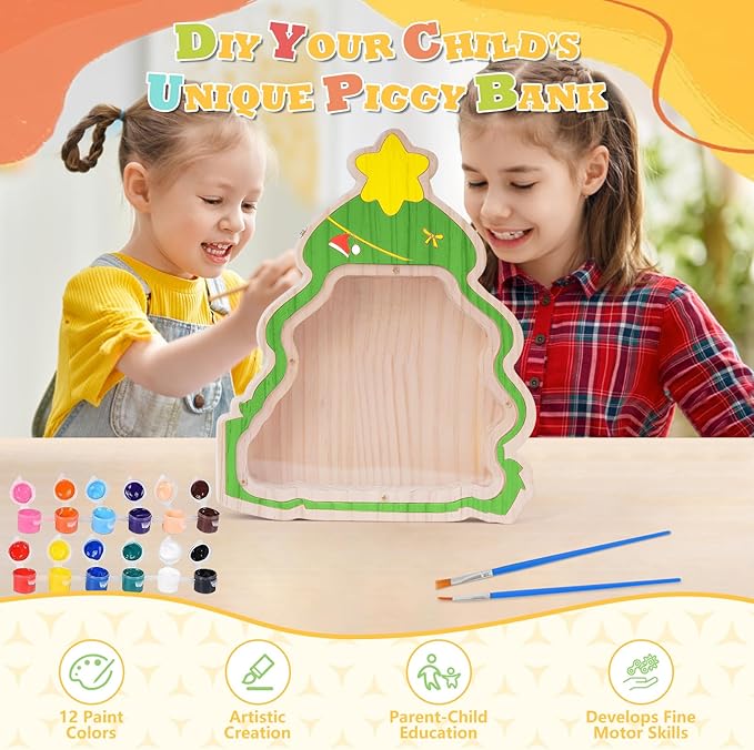 Wooden Piggy Bank for Kids, DIY Night Light Personalized Money Bank for Boy, Girl, Unbreakable Saving Box with Paintbrush and 12 Paints, Coin Jar Gift for kids Birthday&Decor (Xmas-tree）