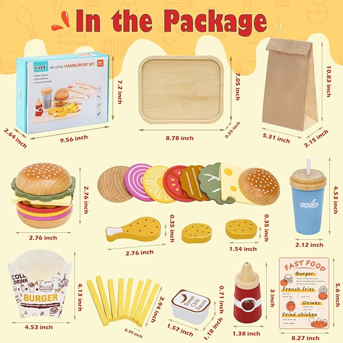 Wooden Play Fast Food Set Play Kitchen Accessories, Pretend Play Food Hamburger French Fries Toy, Restaurant Play Set Role Play Toys for Toddlers,Educational Birthday Gifts for Boys Girls