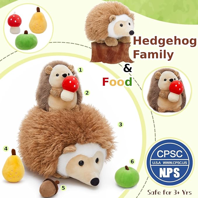 MaoGoLan Soft Hedgehog Plush Toys for Kids 6Pcs Woodland Stuffed Animals Bulk - Large Stuffed Hedgehog with Baby & 4 Fruits Plushies Party Favors Ornaments Gifts Christmas Valentine's Day