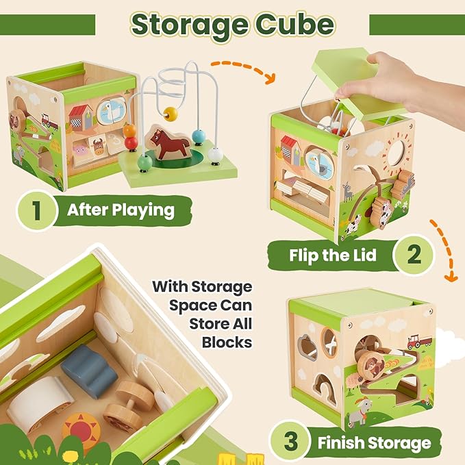 Buyger Wooden Activity Cube Montessori Toy for 1 2 3+ Year Old, 6 in 1 Shape Sorter Sensory Toys Early Learning Educational 1st Birthday Gifts for Kids Baby Boys Girls