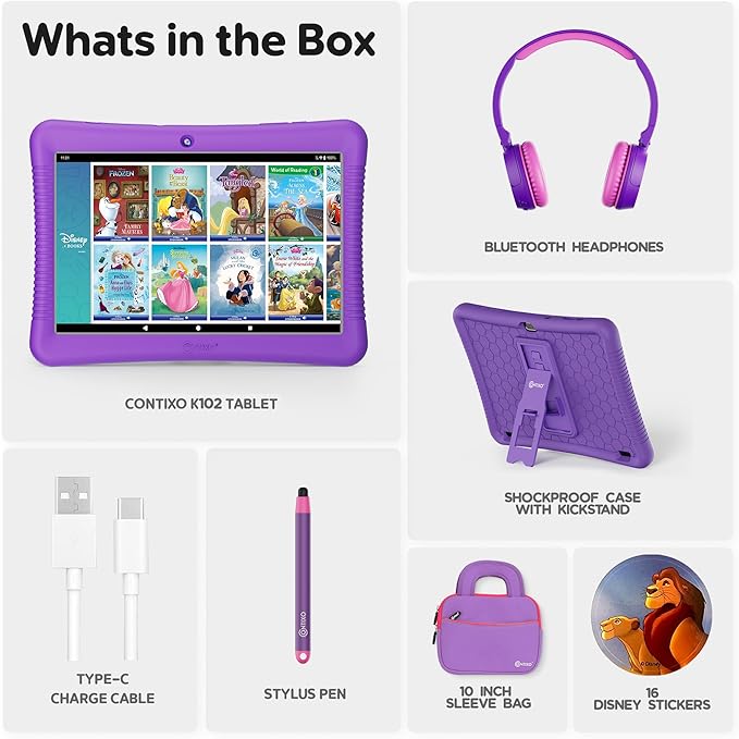 Contixo 10" Android Kids Tablet Bundle - 32GB, 80+ Disney Storybooks ($350 Value), Parental Controls, Kid-Proof Case w/Kickstand & Stylus, Headphones & Sleeve Bag - Purple