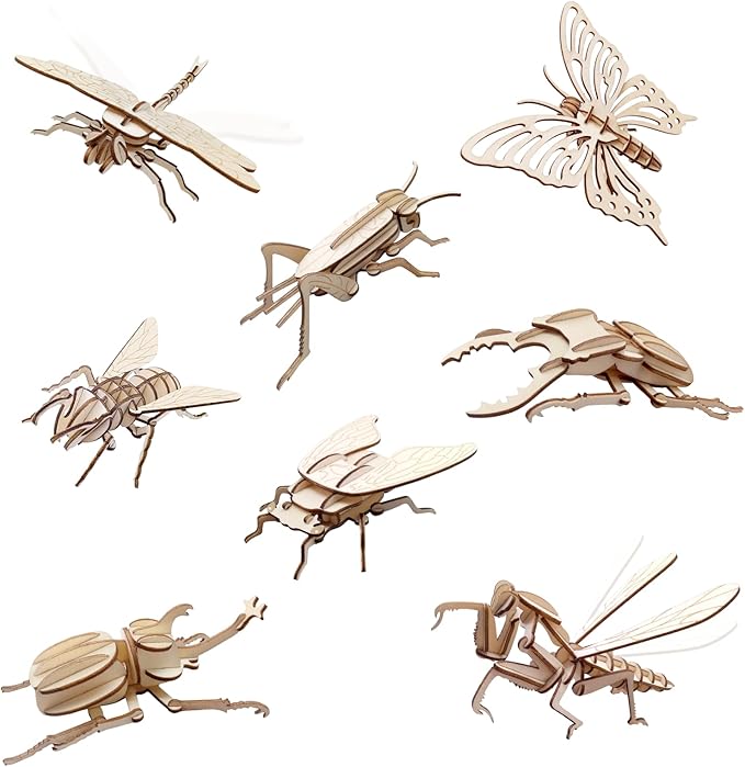 ELX Wooden 3D Puzzles for Kids 6+, 8 Piece Set Insect Animal Models, Wood Building Kits DIY Wooden Crafts Stem Toys peresents for Kids and Adults