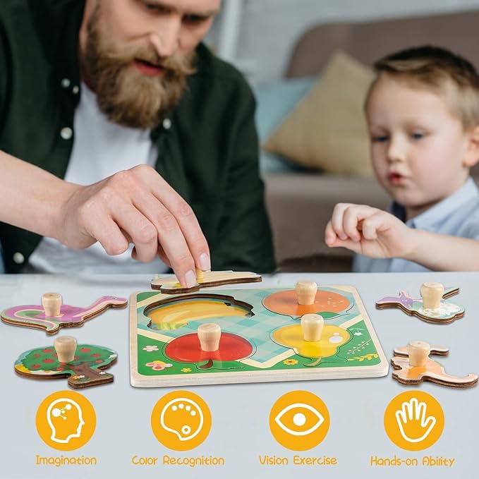 Wooden Toddler Puzzles - 4 Pcs Eco-Friendly Animal Patterns Jigsaw With Handles - Infant Kid Fine Motor Skill Learning Educational Montessori Toys for 1-3 Years Old