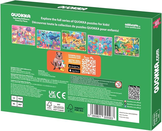 QUOKKA Puzzles for Kids Ages 4-6 – 60 Piece Jigsaw Puzzles for Toddlers Ages 3-5 with Dinosaurs – Quiet Time Toy for Preschoolers 2-4 – FSC Certified Educational Learning Game for Boys and Girls