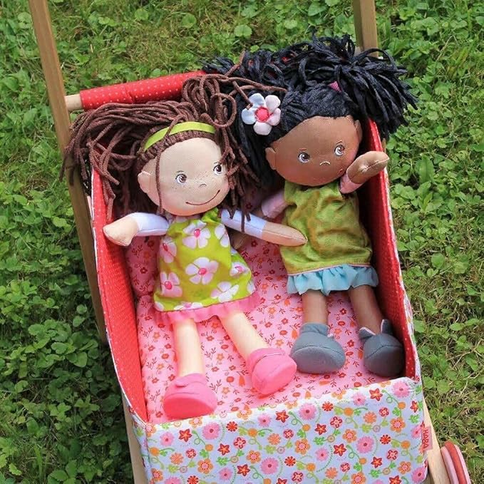 HABA Coco 12" Soft Baby Doll with Brown Hair, Embroidered Face, Removable Green Dress, Matching Headband - Machine Washable Toddler Doll - 18 Months+