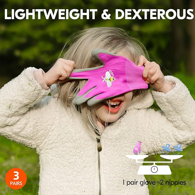 Vgo 3-Pairs Age 5-7 Kids Gardening Gloves, Children Yard Work Gloves, Soft Safety Rubber Gloves (XXS, KID-RB6013)