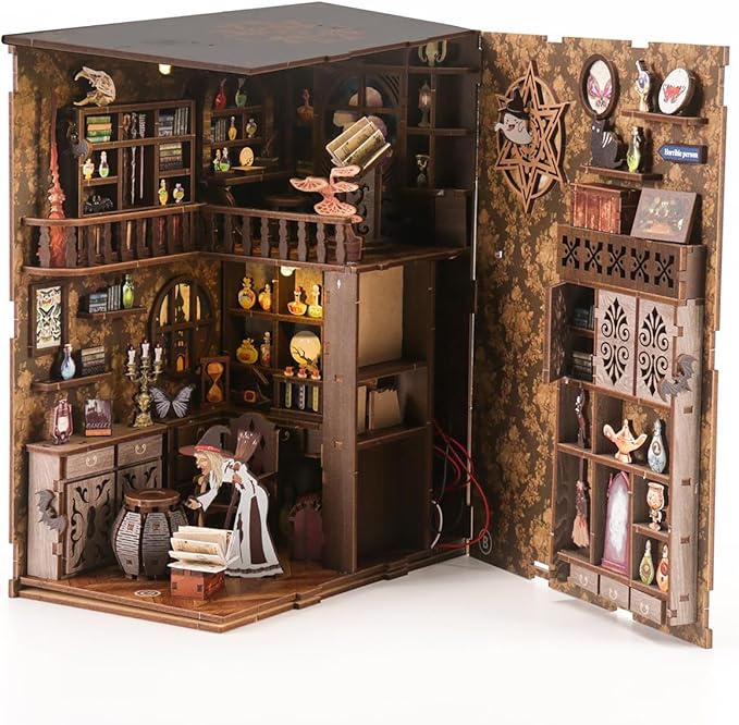 Book Nook Kit - DIY Miniature Dolls House Kit with Furniture and LED Light, 3D Puzzle Wooden Art Bookends, Model Kits for for Adults and Teens (Magic Night)