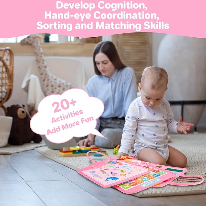 Toddler Busy Board Montessori Toys, Sensory Toys for 1 2 3 4 Year Old Girl, Busy Book Travel Educational Activities for Learning Fine Motor Skills Birthday Gifts (Pink Unicorn/P10)