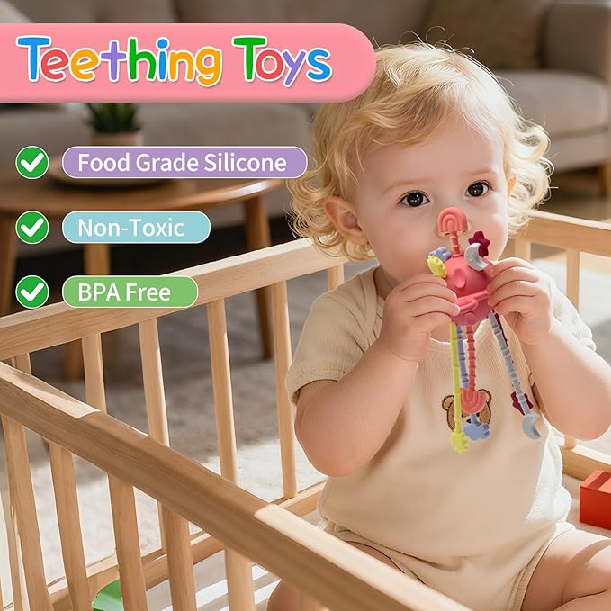 Silicone Baby Sensory Montessori Toys & Pull String Teething Toys for 6-12-18 Months, Toddler Birthday Gift Car Seat Airplane Travel Toy for 1 2 Year Old Boy Girl Infant 8 9 10 Months Old (Red)