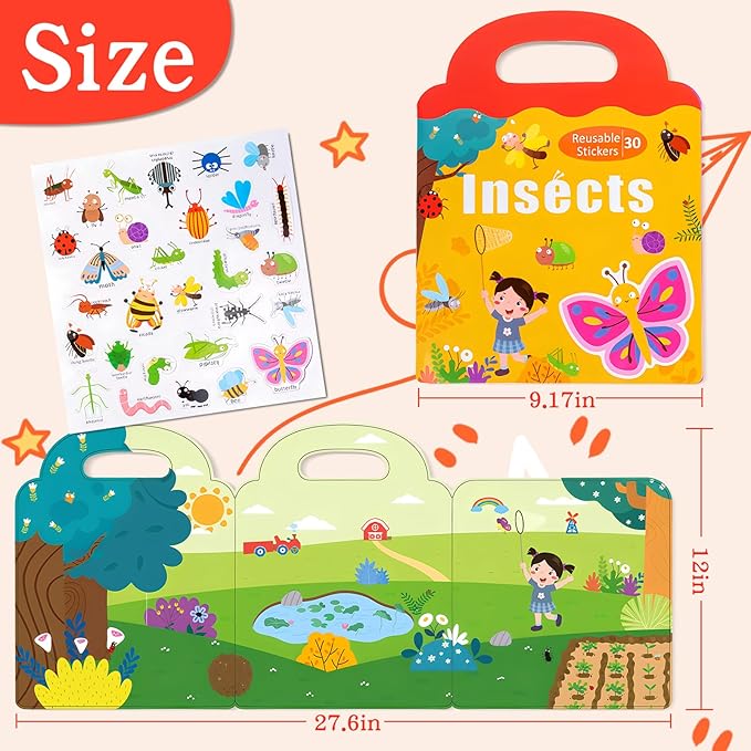 Magnetic Portable Playboard Insect Park Theme Reusable Sticker Book for Toddler, Refrigerator Magnet Educational Learning Toys Travel Stickers Activity Books for Kids Girls Boys Age 3+ Birthday Gifts
