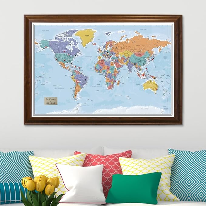 Push Pin Travel Maps - Customizable Blue Oceans World with Brown Frame- 27.5" x 39.5" - 8 Handcrafted Frame Options - Made in USA - Ideal for Adventurous Travelers