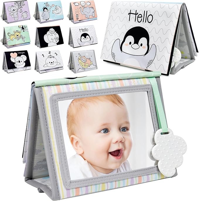 Dr.Rapeti Soft Tummy Time Book Baby Safe Mirror with Teether Crinkle Pages Tummy Time Mirror High Contrast Montessori Sensory Toy Tummy Time Toy for Newborn Baby Infant for 0+