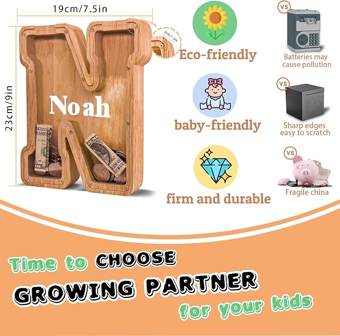 Wooden Letter Piggy Bank for Kids Larger Letter Piggy Bank for Boys and Girls Personalized Piggy Bank Initial Coin Bank Wood Kids Money Bank for Birthday and Festival