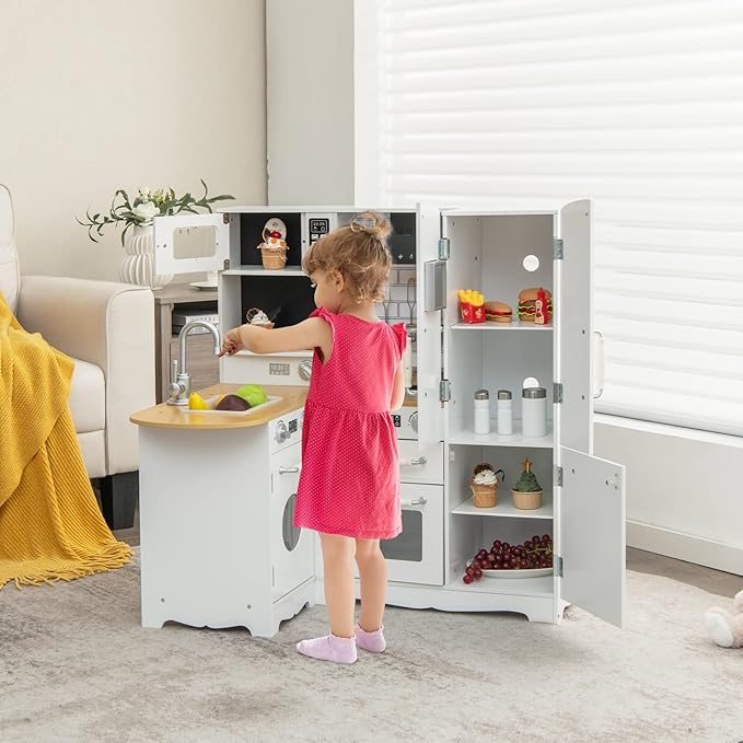 Costzon Corner Kids Kitchen Playset, 11-in-1 Wooden Toy Kitchen Set with Realistic Washing Machine, Microwave, Oven, Stove, Refrigerator, Range Hood, Telephone, Play Kitchen for Toddlers Boys Girls