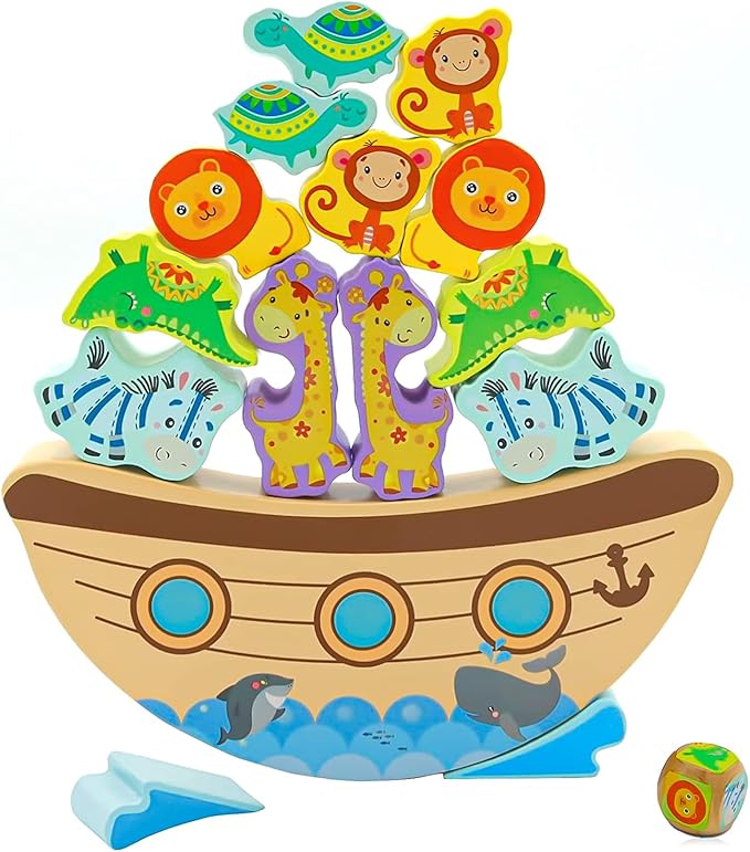 Board Games for Kids & Adults, Noah's Ark Wooden Balance Stacking Toys, Team Building Blocks STEM Toy, Fine Motor Stacking Balance Game, Baptism Easter Birthday Gift for Boys Girls