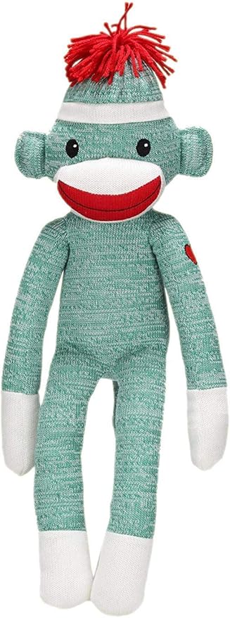 Adorable Sock Monkey, The Original Traditional Hand Knitted Stuffed Animal Toy Gift-for Kids, Babies, Teens, Girls and Boys Baby Doll Present Puppet (20" Green)