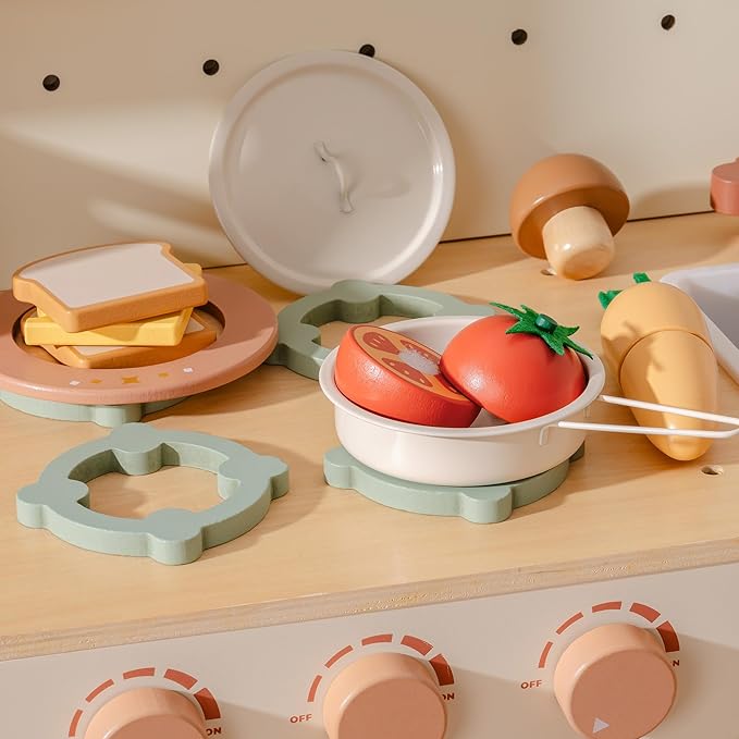 ROBOTIME Wooden Play Food 4-in-1 Cutting Set, Pretend Play Toy Food for Play Kitchen with Shopping Bag – Kids Kitchen Accessories, Wooden Play Food for Boys & Girls