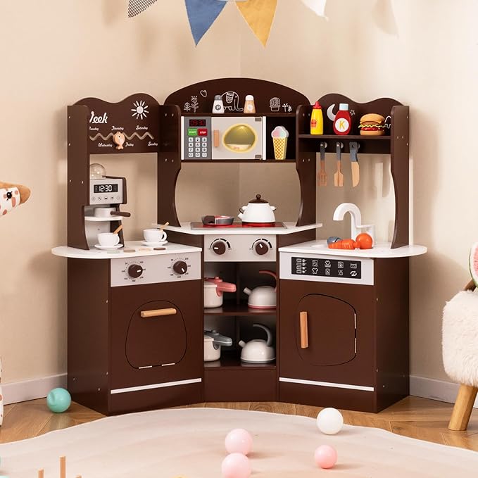 Costzon Corner Play Kitchen, Wooden Kids Kitchen Playset with Lights & Sound, Coffee Maker, Washing Machine, Oven, Microwave, Toddler Toy Kitchen for Pretend Play, Gift for Boys Girls 3+ (Brown)
